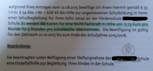 Das Schreiben vom Amt über die genehmigte Schulbegleitung
