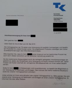 Antwortschreiben der Techniker Krankenkasse zu beantragten Windepants